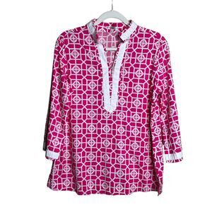 Peter Millar Pink & White Geometric V- neck Blouse Size Medium